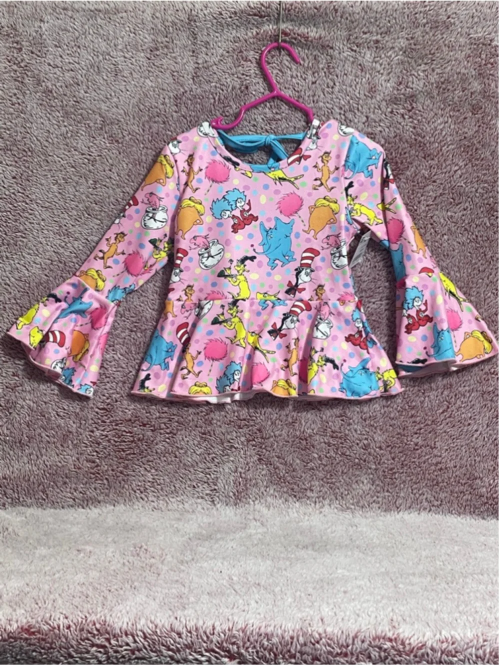 Little Britches Dr. Seuss Character Ruffle Peplum top & Furry Bell Bottom Set 2T